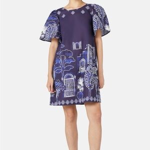 Gorman Blue Linen Cotton Village Print Shift Dress Puff Sleeve Pockets Size 6